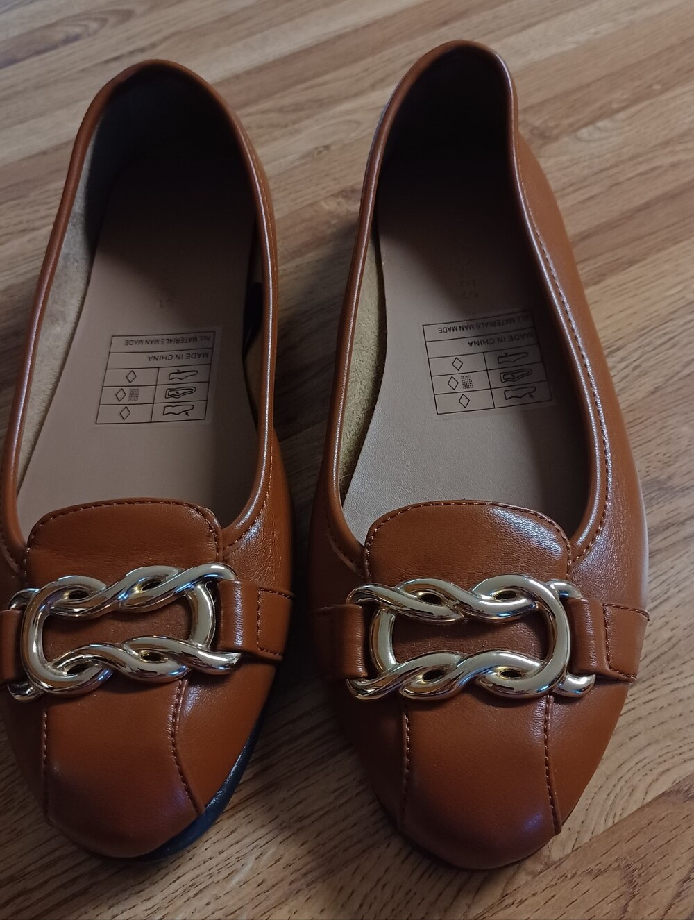 Aerosoles Bia Ballet Flats Women 7.5 Tan Leather Gold Chain Link Loafer Slip On - Picture 6 of 6